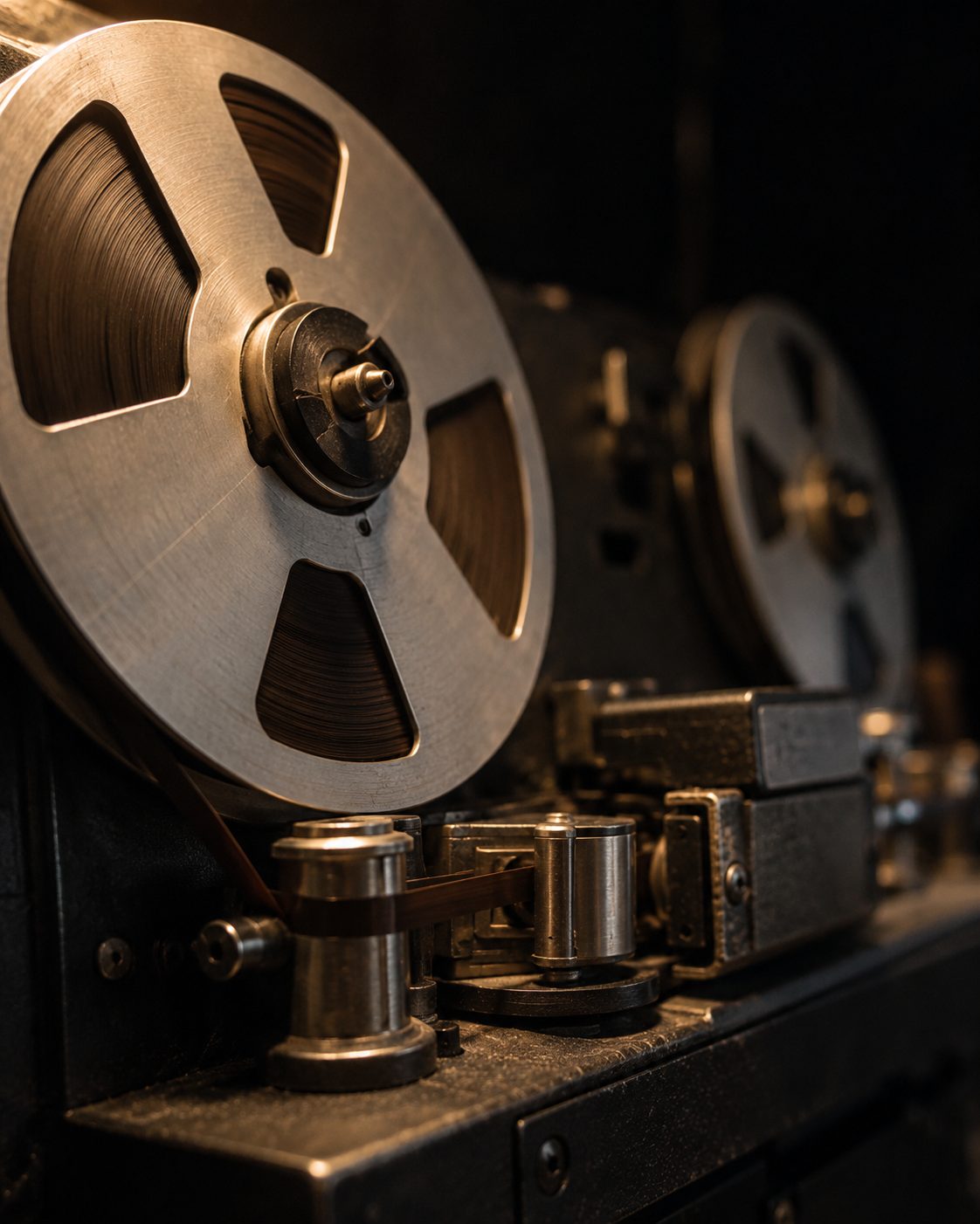 A tape reel and transport under a narrow warm light