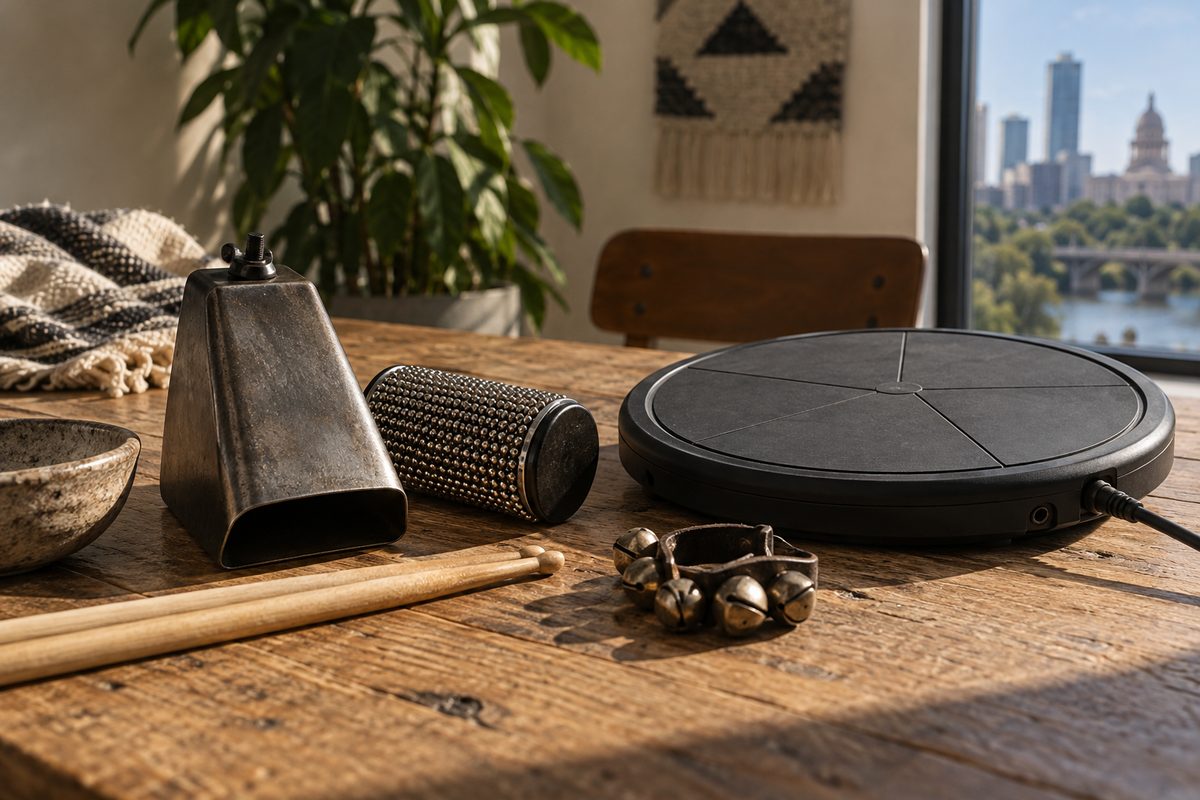 Metal percussion objects beside a compact drum pad