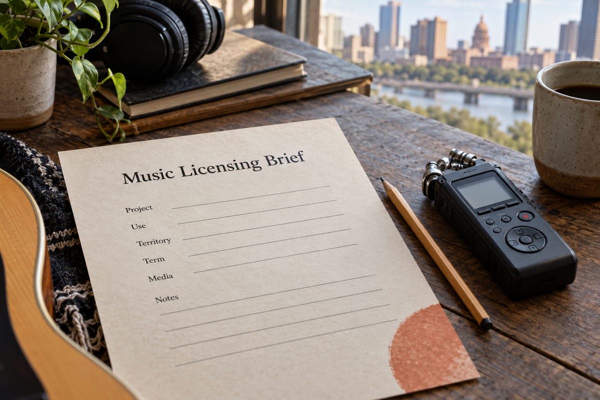 An indistinct licensing brief beside a pencil and audio recorder
